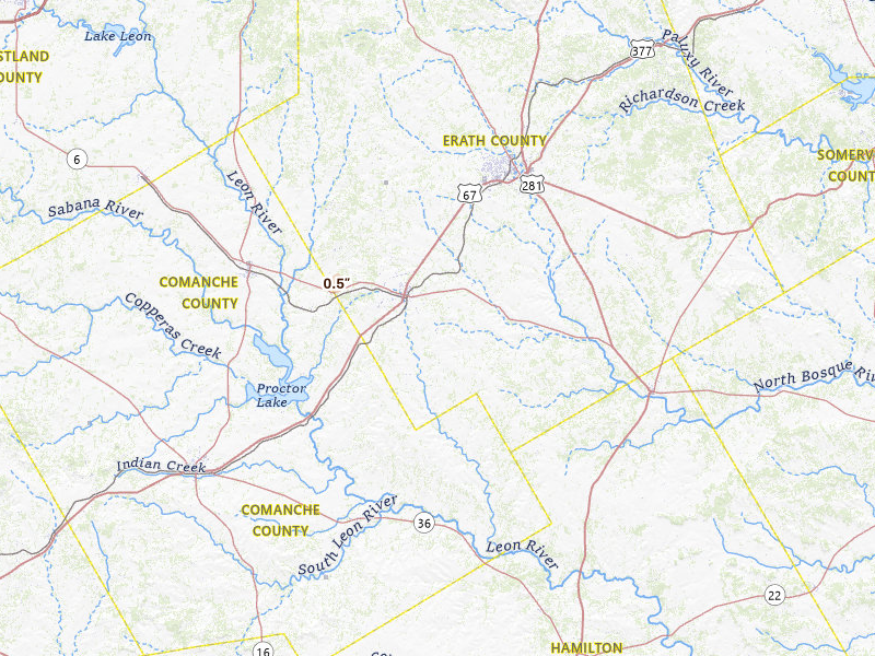 Radar-estimated hail-size map of the storm over Dublin, TX on May 8, 2026