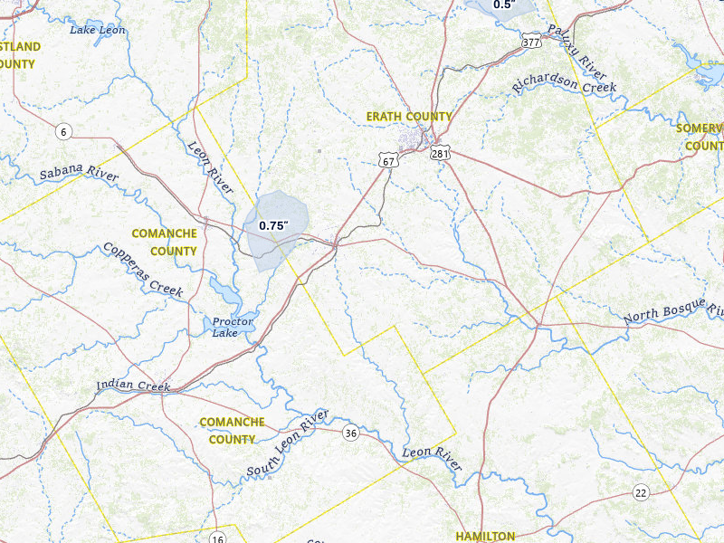 NEXRAD radar-signature map of the hail storm over Dublin, TX on May 8, 2026
