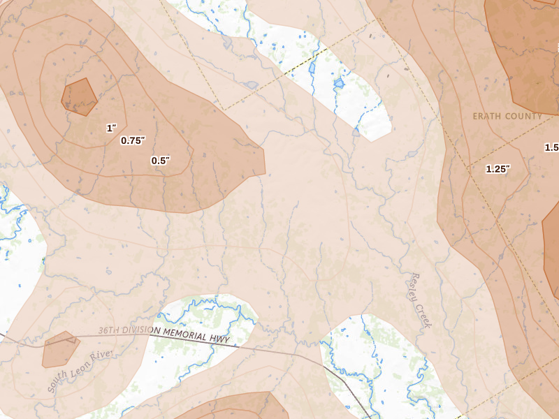 Radar-estimated hail-size map of the storm over Dublin, TX on May 10, 2026
