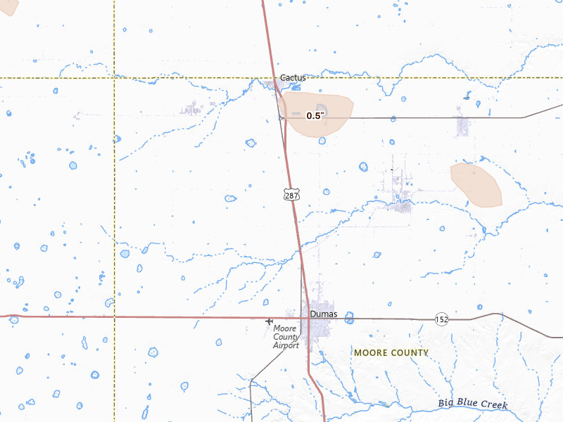Radar-estimated hail-size map of the storm over Dumas, TX on May 23, 2026
