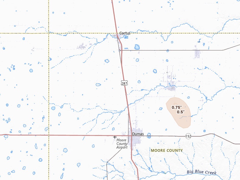 Radar-estimated hail-size map of the storm over Dumas, TX on Jun 5, 2026