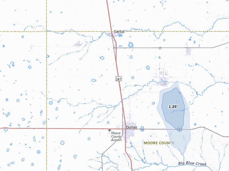 NEXRAD radar-signature map of the hail storm over Dumas, TX on Jun 5, 2026
