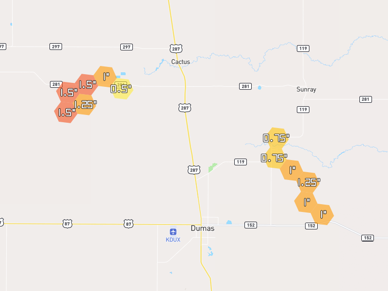 Hail map of Dumas, TX on Jul 6, 2026, hail up to 1.5"