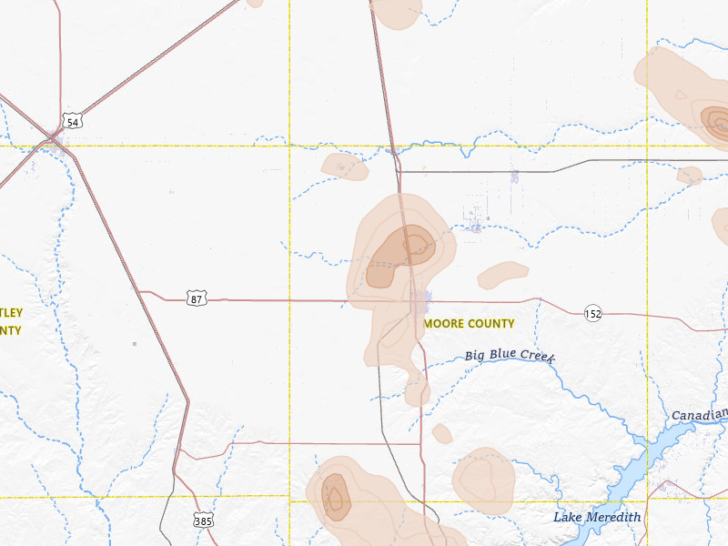 Radar-estimated hail-size map of the storm over Dumas, TX on Aug 25, 2026