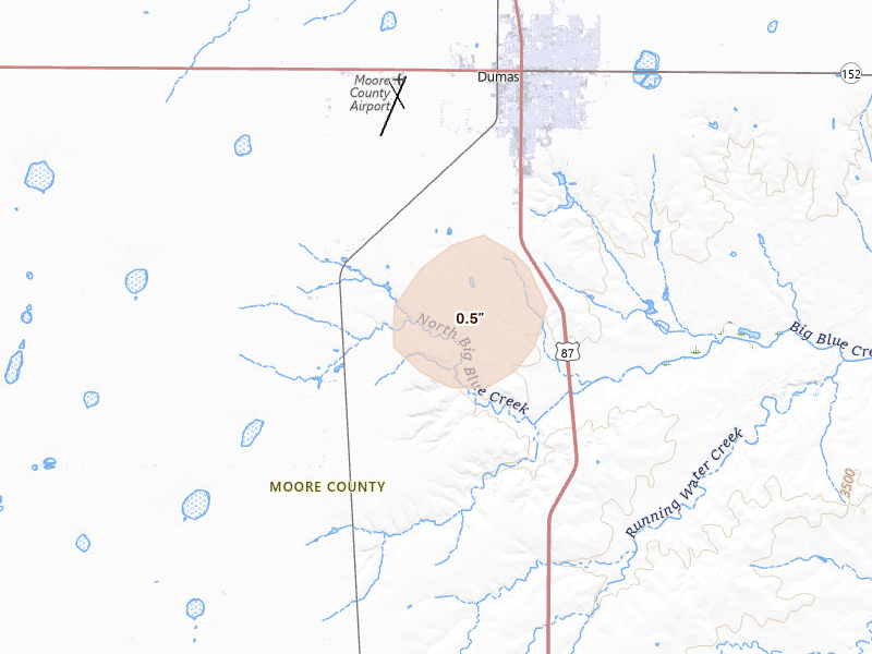 Radar-estimated hail-size map of the storm over Dumas, TX on Aug 30, 2026