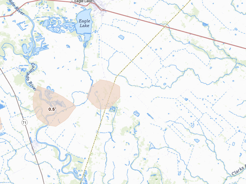Radar-estimated hail-size map of the storm over Eagle Lake, TX on Apr 30, 2026