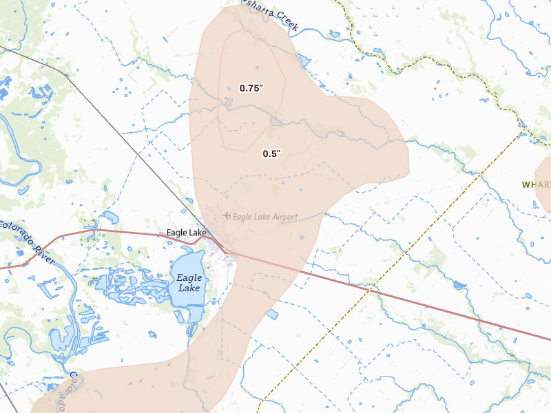 Radar-estimated hail-size map of the storm over Eagle Lake, TX on Aug 28, 2026