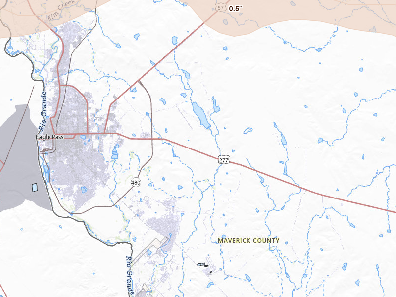 Radar-estimated hail-size map of the storm over Eagle Pass, TX on Apr 30, 2026