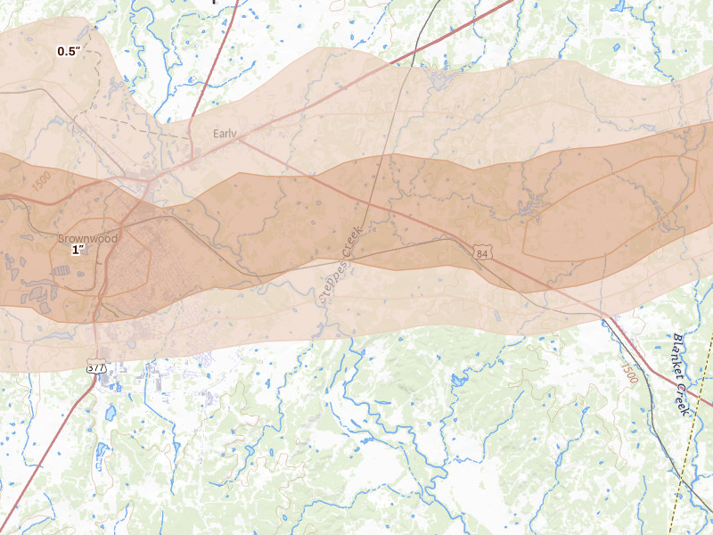 Radar-estimated hail-size map of the storm over Early, TX on Apr 15, 2026
