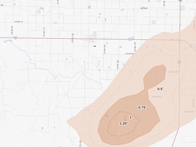 Radar-estimated hail-size map of the storm over Earth, TX
