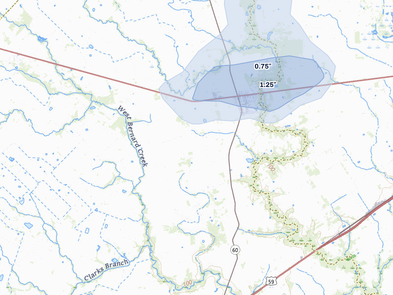 NEXRAD radar-signature map of the hail storm over East Bernard, TX on Jun 2, 2026