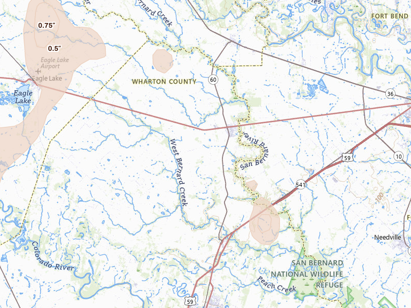 Radar-estimated hail-size map of the storm over East Bernard, TX on Aug 28, 2026