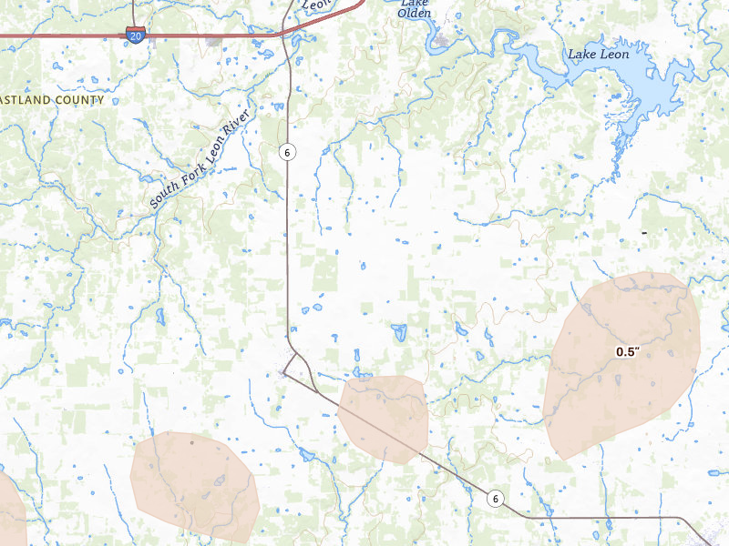 Radar-estimated hail-size map of the storm over Eastland, TX on Apr 18, 2026