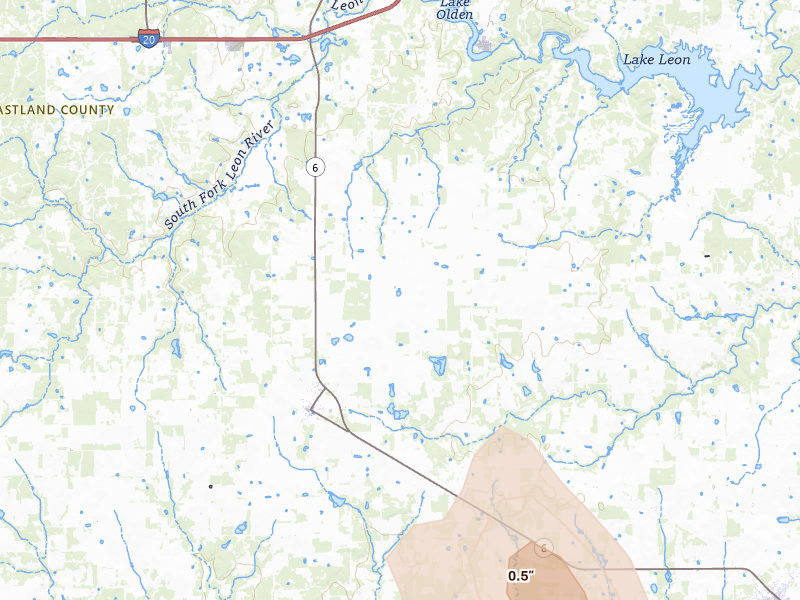 Radar-estimated hail-size map of the storm over Eastland, TX on May 28, 2026