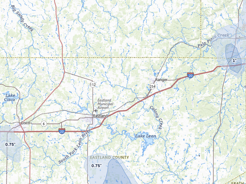 NEXRAD radar-signature map of the hail storm over Eastland, TX on May 28, 2026