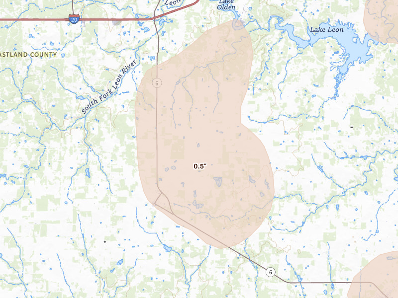 Radar-estimated hail-size map of the storm over Eastland, TX on Jun 18, 2026