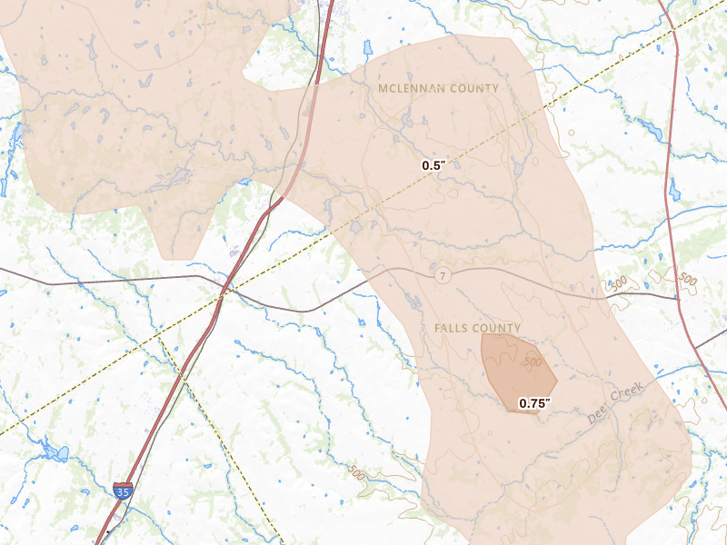 Radar-estimated hail-size map of the storm over Eddy, TX on May 10, 2026