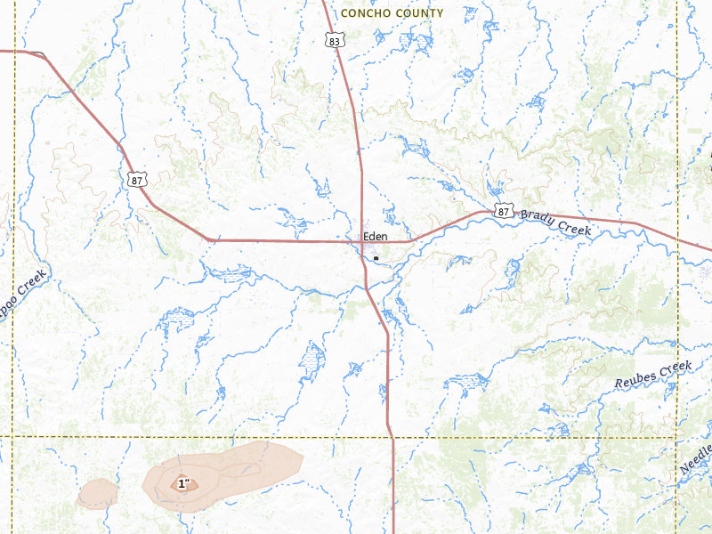 Radar-estimated hail-size map of the storm over Eden, TX on Apr 30, 2026