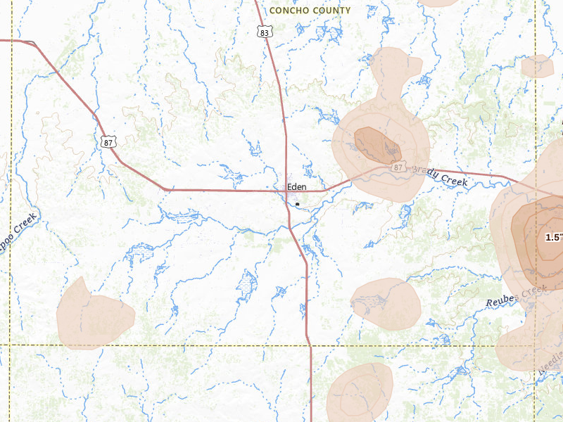 Radar-estimated hail-size map of the storm over Eden, TX on May 10, 2026