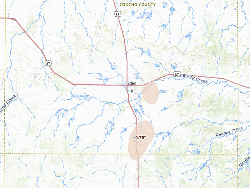 Radar-estimated hail-size map of the storm over Eden, TX on May 24, 2026