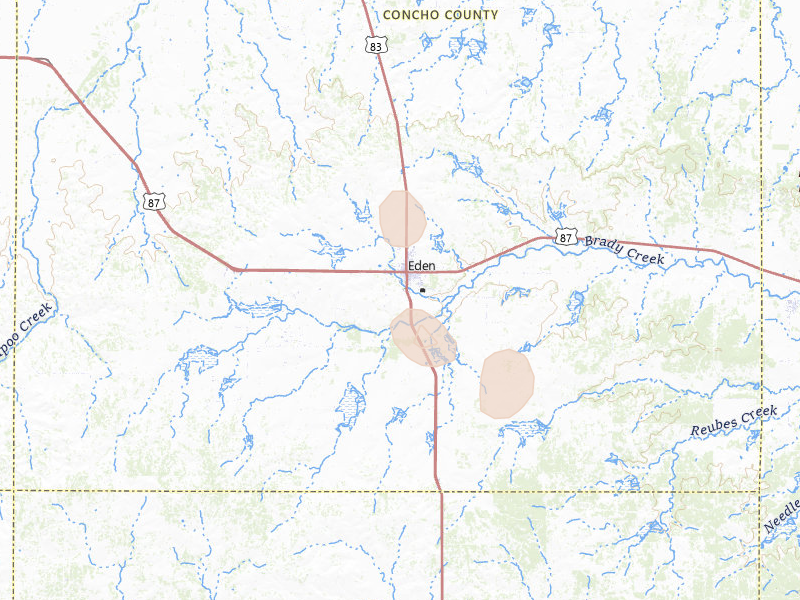 Radar-estimated hail-size map of the storm over Eden, TX on Jul 6, 2026
