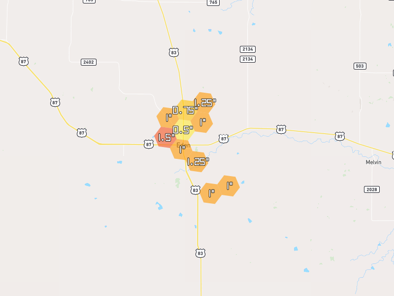 Hail map of Eden, TX on Jul 6, 2026, hail up to 1.5"