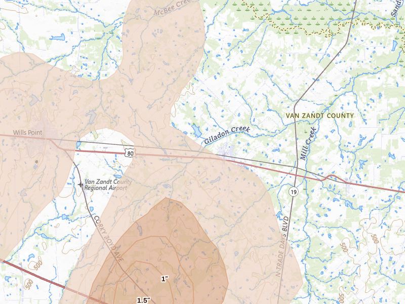 Radar-estimated hail-size map of the storm over Edgewood, TX on Mar 4, 2026