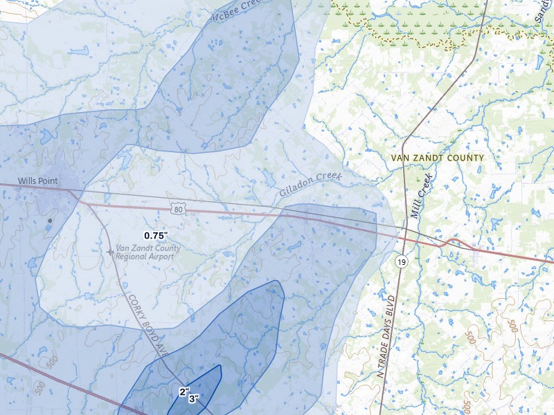 NEXRAD radar-signature map of the hail storm over Edgewood, TX on Mar 4, 2026