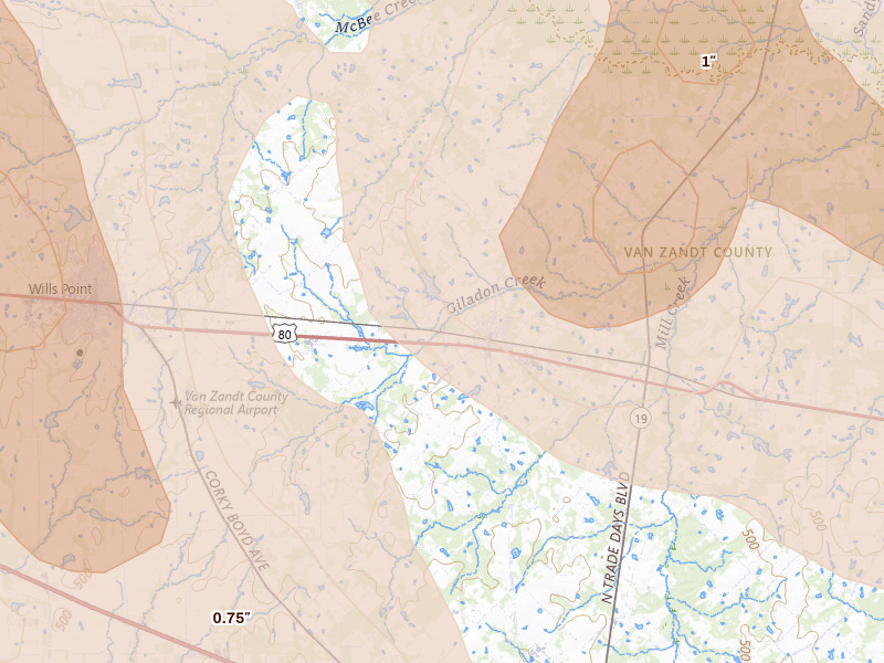 Radar-estimated hail-size map of the storm over Edgewood, TX on Apr 24, 2026