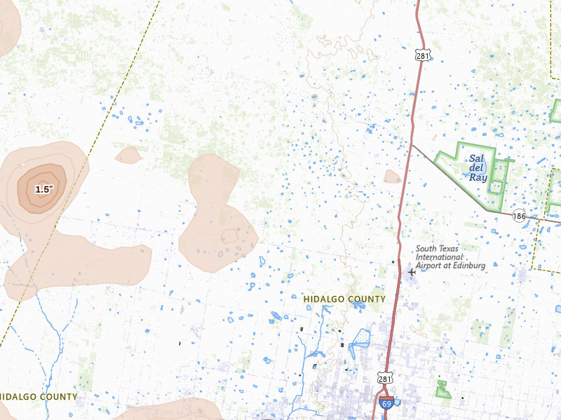 Radar-estimated hail-size map of the storm over Edinburg, TX on Aug 2, 2026