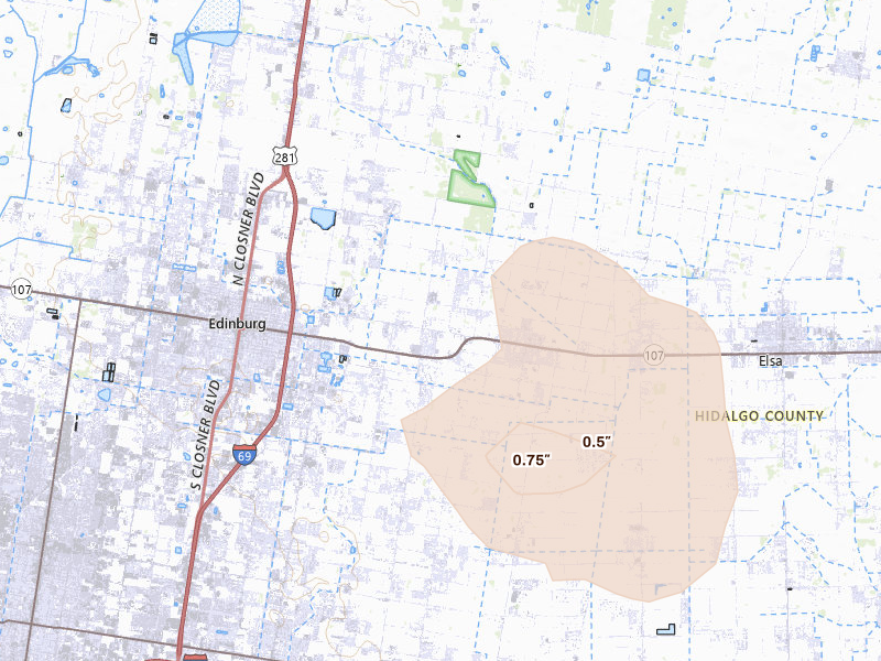 Radar-estimated hail-size map of the storm over Edinburg, TX on Aug 17, 2026
