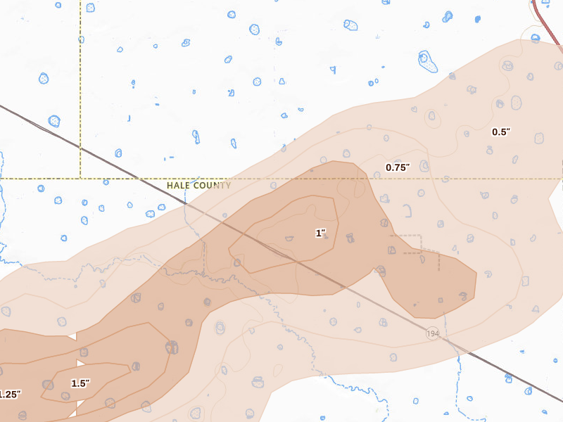 Radar-estimated hail-size map of the storm over Edmonson, TX on Apr 3, 2026