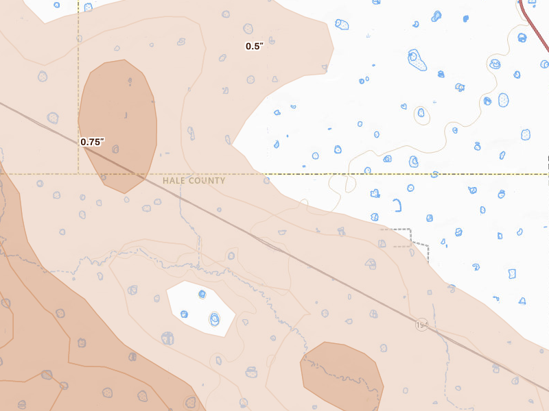 Radar-estimated hail-size map of the storm over Edmonson, TX on Jun 23, 2026