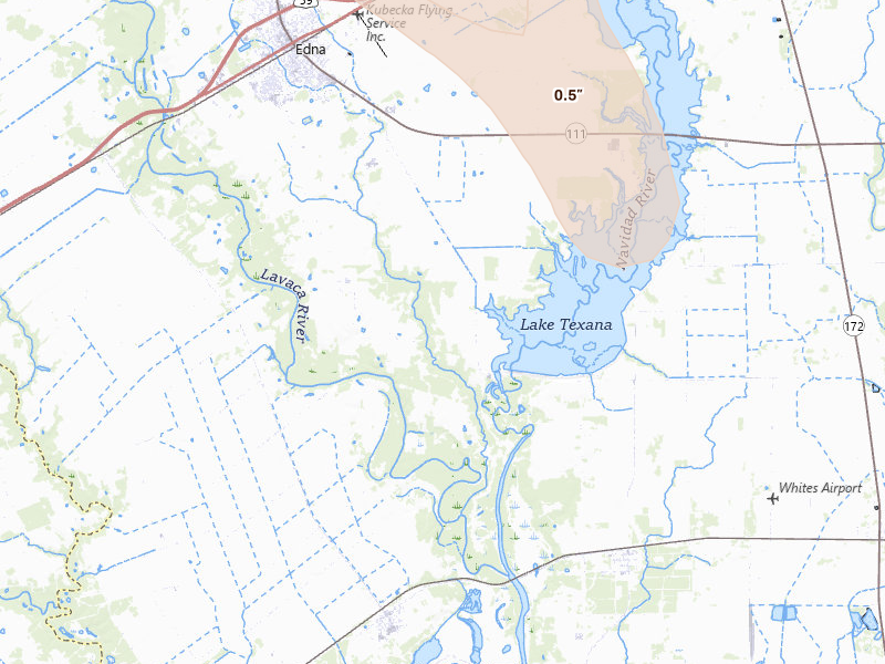 Radar-estimated hail-size map of the storm over Edna, TX on Apr 22, 2026