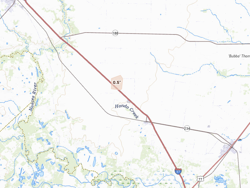 Radar-estimated hail-size map of the storm over Edroy, TX on May 26, 2026