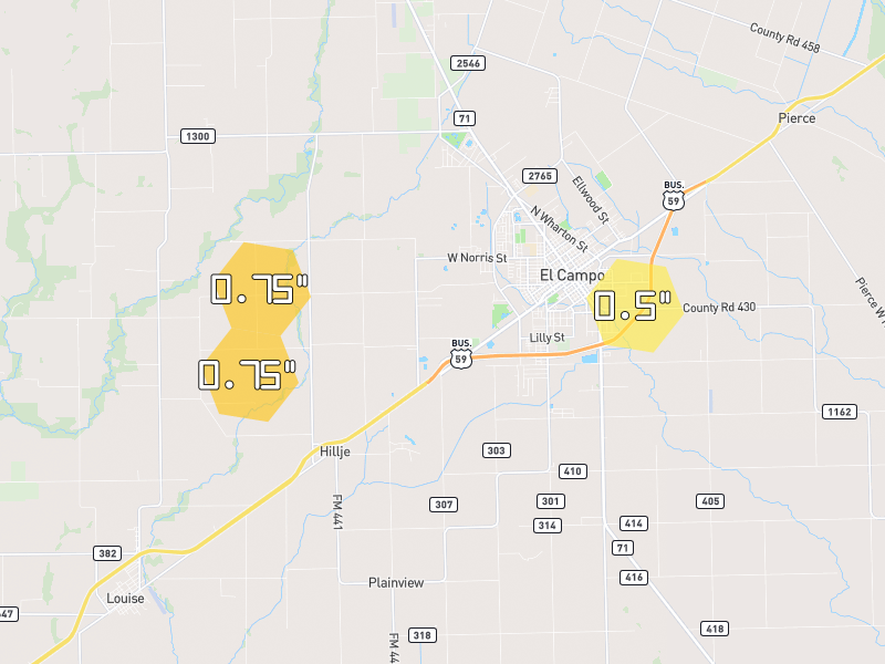 Hail map of El Campo, TX on Jul 6, 2026, hail up to 0.75"