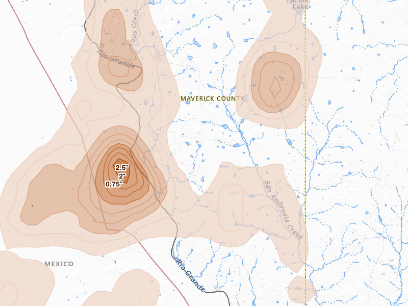Radar-estimated hail-size map of the storm over El Indio, TX on May 10, 2026