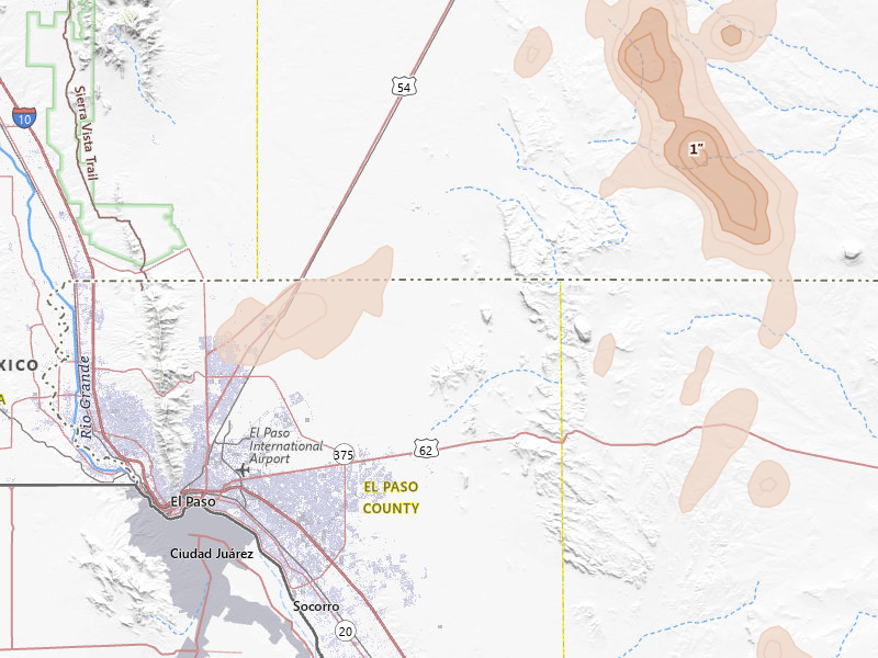 Radar-estimated hail-size map of the storm over El Paso, TX on Jun 2, 2026