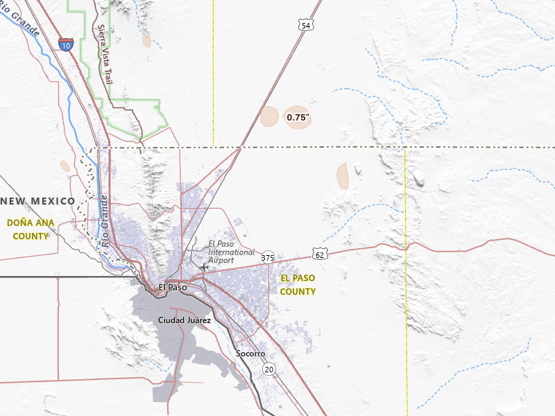 Radar-estimated hail-size map of the storm over El Paso, TX on Jul 31, 2026