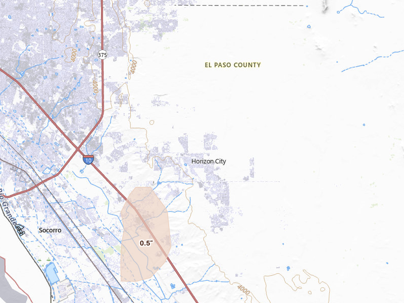 Radar-estimated hail-size map of the storm over El Paso, TX on Aug 1, 2026