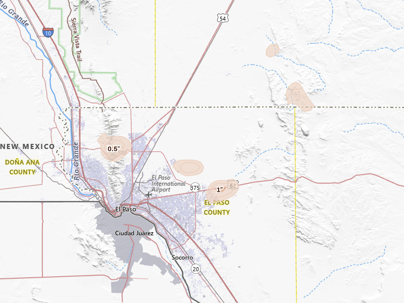 Radar-estimated hail-size map of the storm over El Paso, TX on Aug 6, 2026