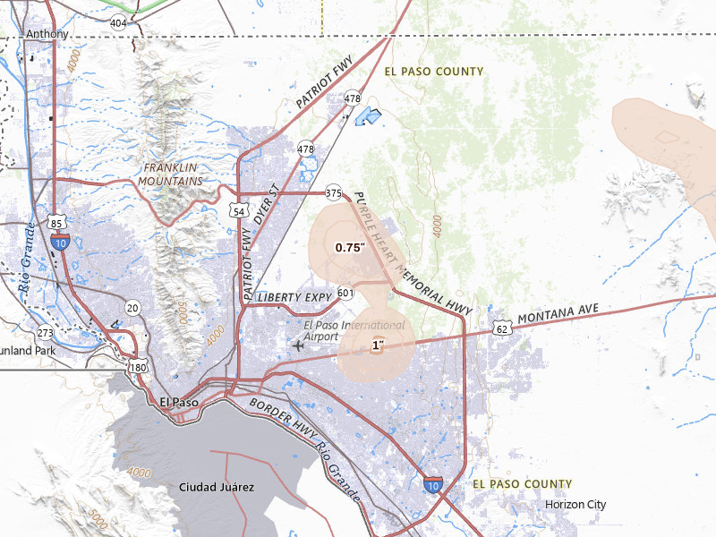 Radar-estimated hail-size map of the storm over El Paso, TX on Aug 7, 2026