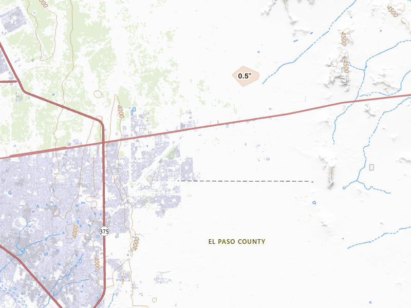 Radar-estimated hail-size map of the storm over El Paso, TX on Aug 15, 2026