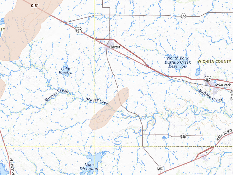 Radar-estimated hail-size map of the storm over Electra, TX on Mar 10, 2026