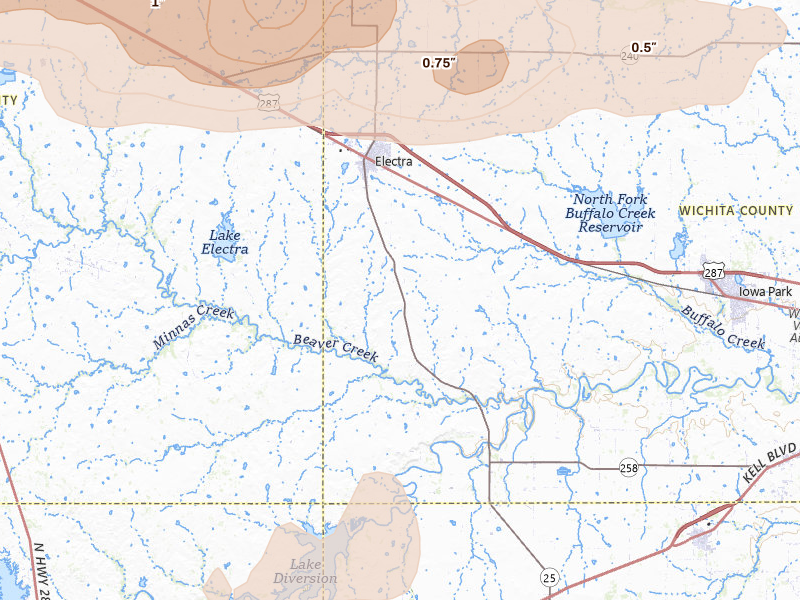 Radar-estimated hail-size map of the storm over Electra, TX on Apr 1, 2026