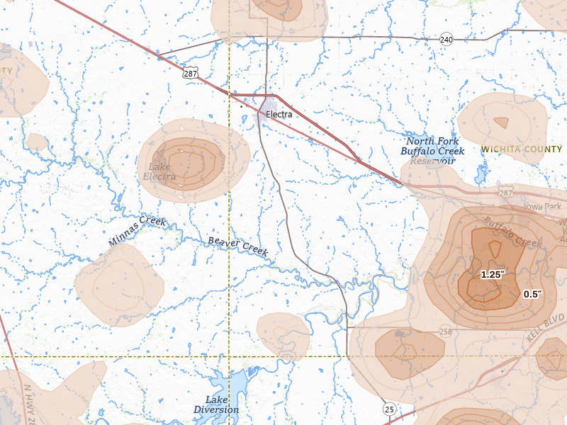 Radar-estimated hail-size map of the storm over Electra, TX on Jul 5, 2026