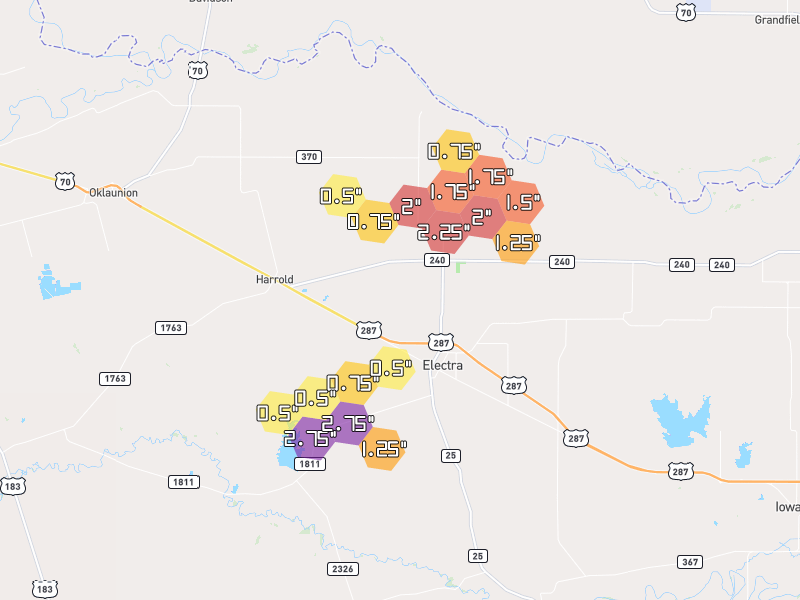 Hail map of Electra, TX on Jul 5, 2026, hail up to 2.75"