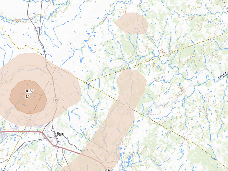 Radar-estimated hail-size map of the storm over Elgin, TX on May 10, 2026