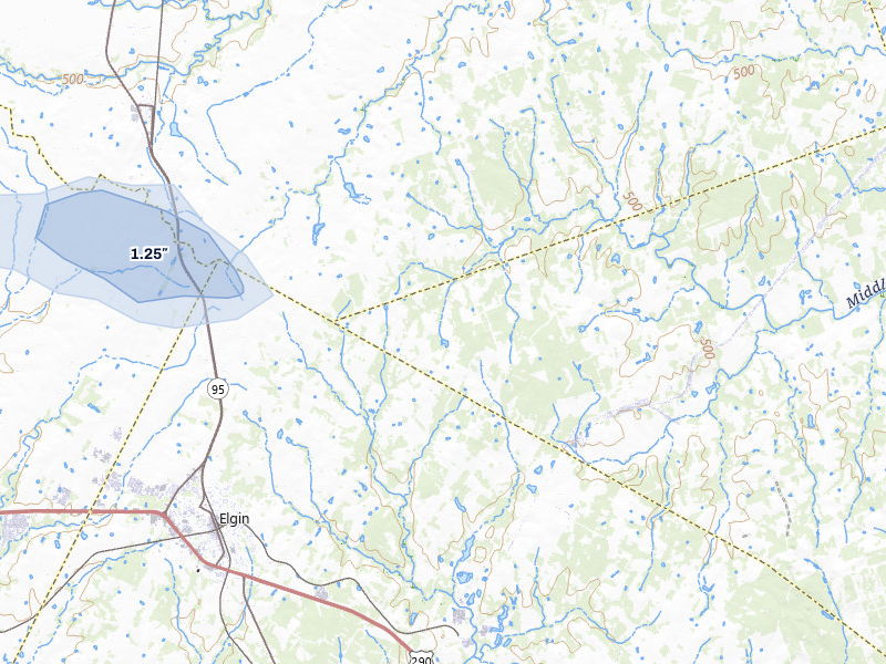 NEXRAD radar-signature map of the hail storm over Elgin, TX on May 10, 2026