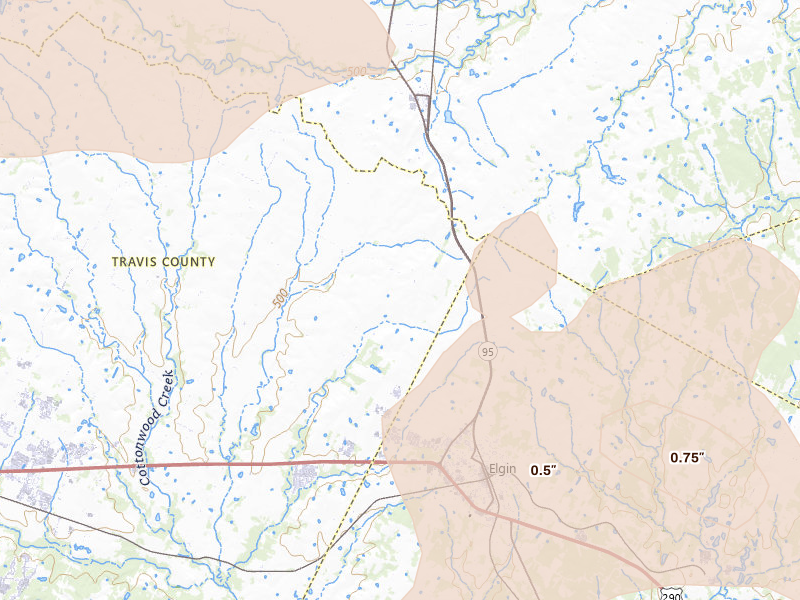 Radar-estimated hail-size map of the storm over Elgin, TX on May 19, 2026